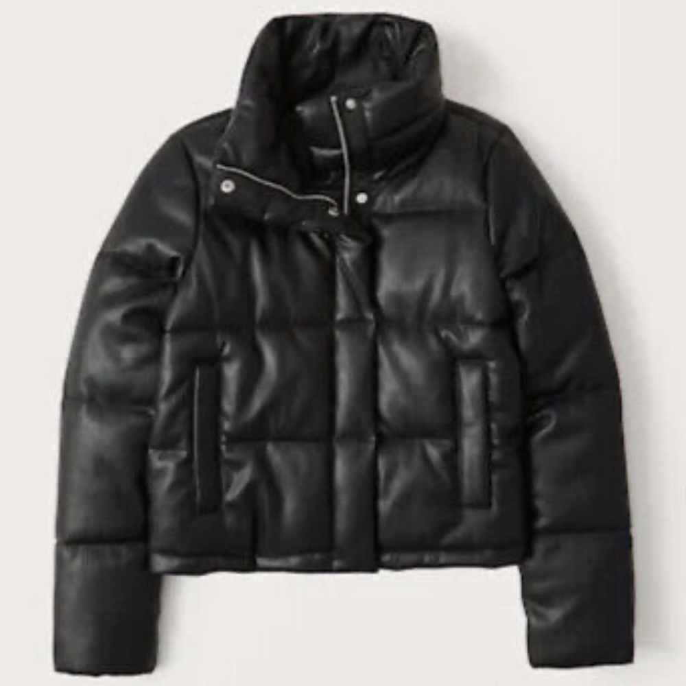 Abercrombie & Fitch Women’s vegan Faux leather mini Cropped puffer coat Black S